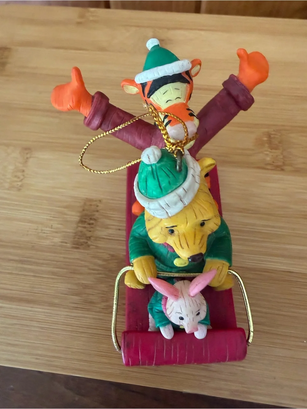 Vintage Disney Winnie the Pooh Tigger Piglet Sled Christmas Wood Ornament 2002